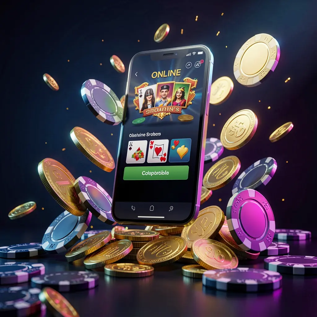 Banner promosi aplikasi kasino online FJ99 yang menampilkan ponsel melayang di atas koin emas dan chip poker dengan latar belakang biru tua dan hitam serta cahaya neon sinematik dalam render 3D realistis