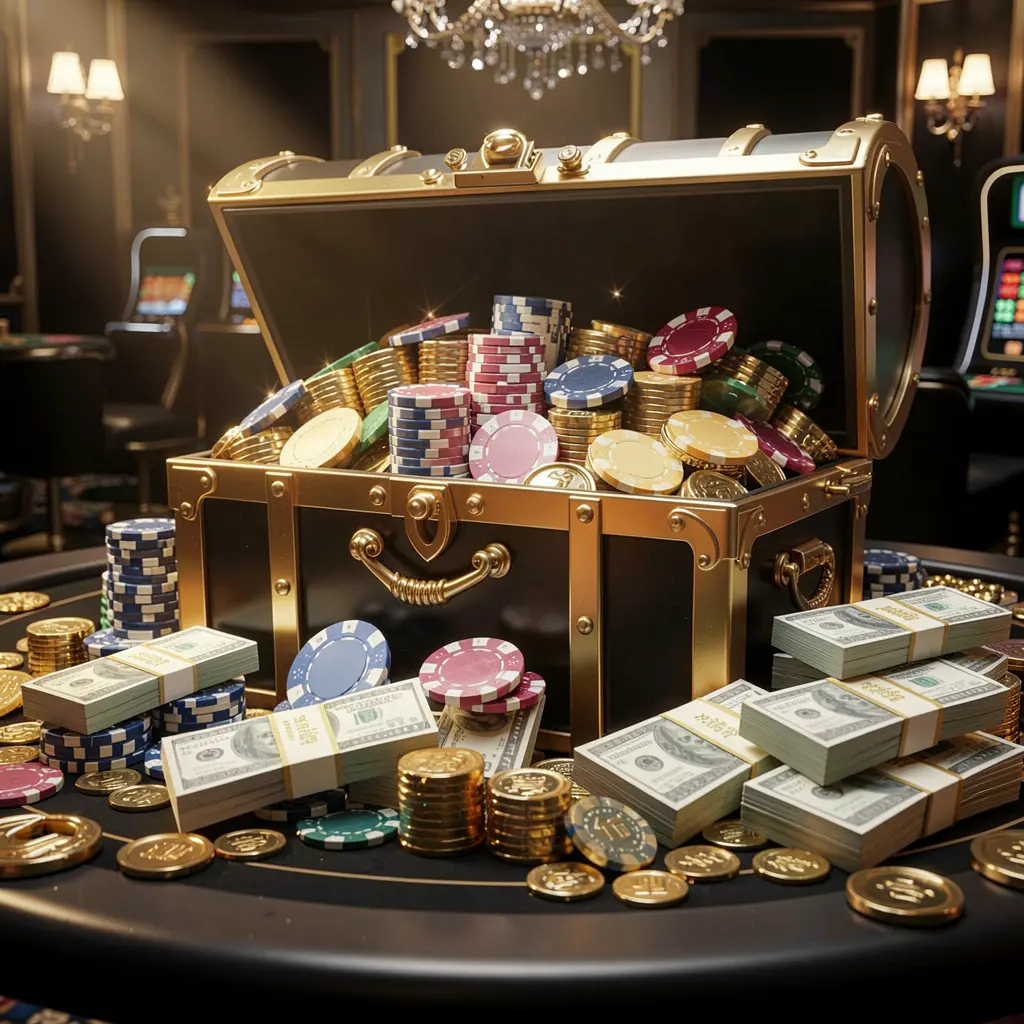 Adegan hadiah kasino FJ99 yang menampilkan peti harta emas meluap dengan chip, bundel uang tunai, dan koin berkilau dalam gaya hitam dan emas yang elegan dengan pencahayaan dramatis