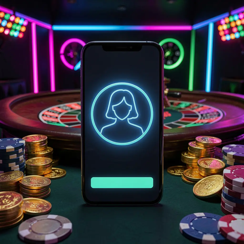 Gambar hero masuk kasino online FJ99 yang menampilkan ponsel modern dengan ikon profil bercahaya, lampu roulette di latar belakang, koin emas dan chip poker dalam suasana neon gelap premium