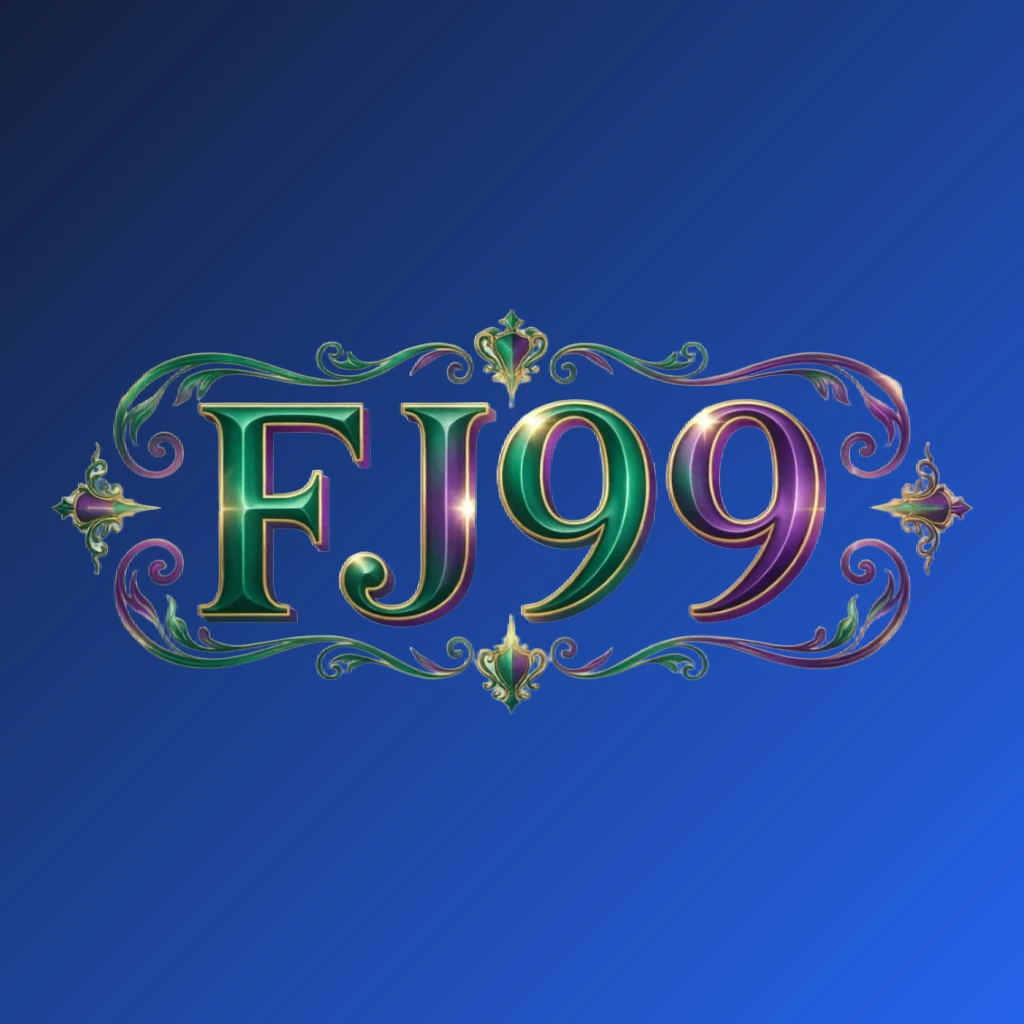 Logo mewah berwarna dengan teks FJ99 menggunakan tipografi serif tebal, palet warna zamrud, ungu, dan emas yang kaya, ornamen bercahaya elegan, identitas merek premium FJ99 dengan latar belakang transparan dalam komposisi horizontal lebar untuk header situs web